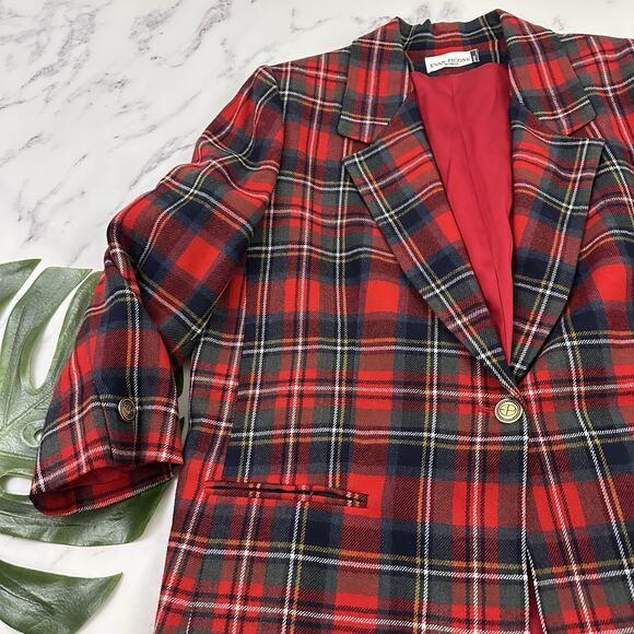 Evan Picone Womens Vintage 90s Oversize Blazer Plus Size 20W P Red Plaid Wool - Picture 4 of 13